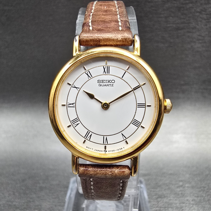 Seiko Watch Women 24mm White Dial Gold Tone Round 2Y00-0A59 New Battery Vintage0