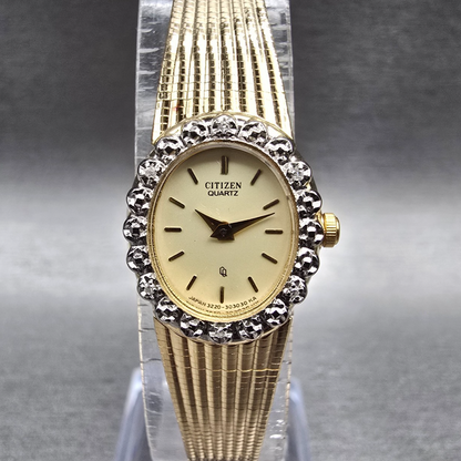 Citizen CQ Watch Women 17mm Cream Dial Gold Tone Gemmed 3220 New Battery NOS3