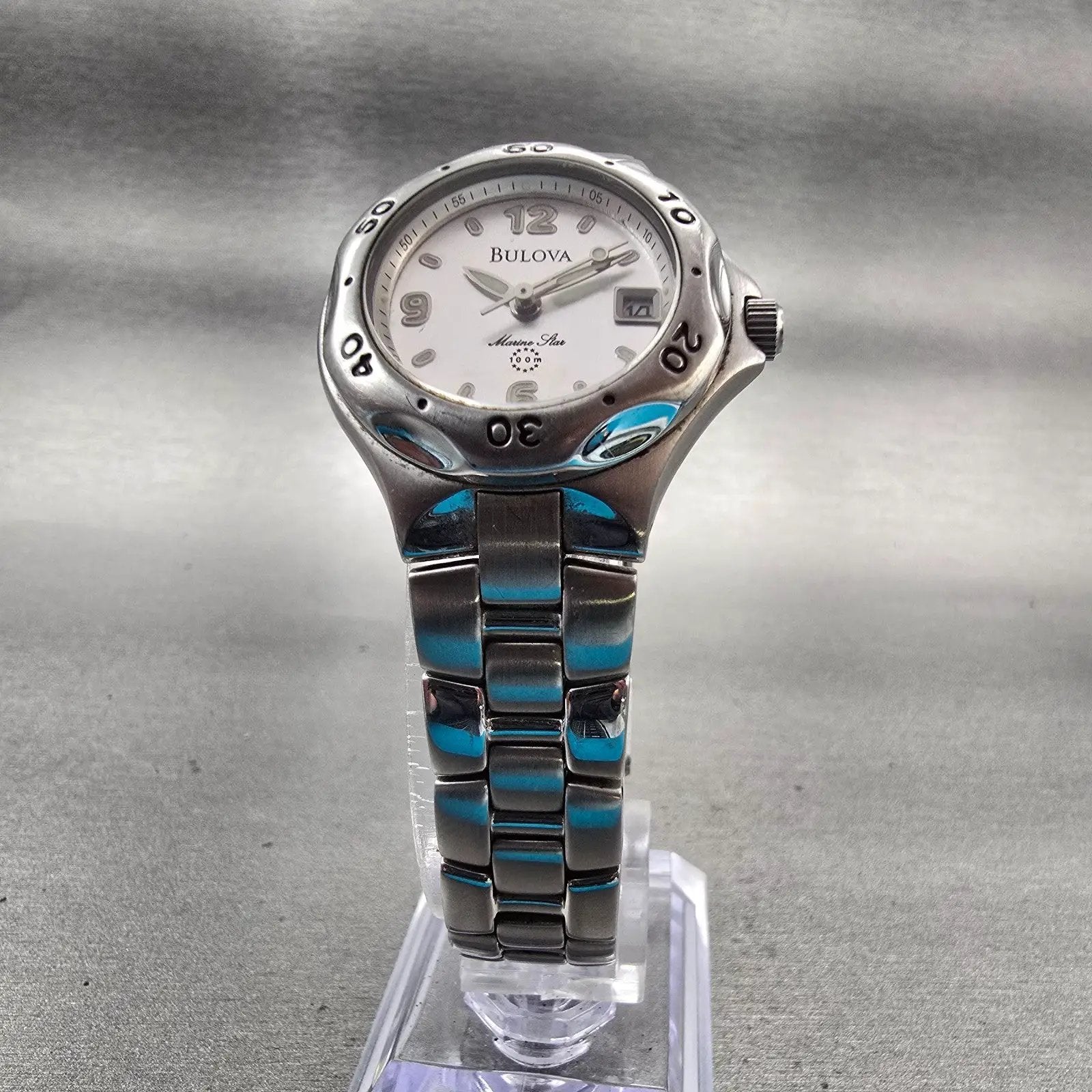 Bulova Marine Star Watch Women 28mm Silver Dial Silver Tone Date 96M25 New Batt5