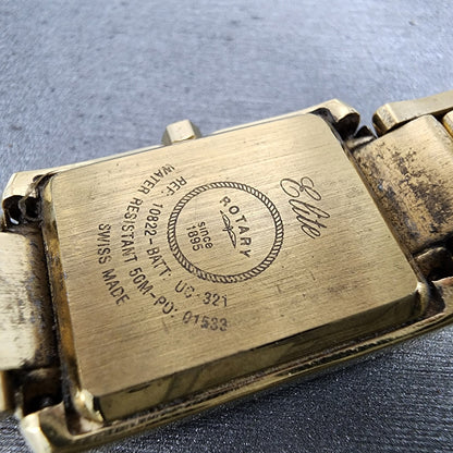 Rotary Elite Tank Watch Women 20mm White Dial Gold Tone Rectangle New Battery