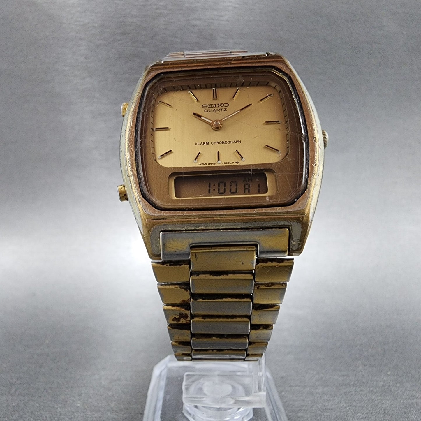 Seiko Analog Digital Watch men 33mm Gold Dial Gold Tone H448-5009 PARTS