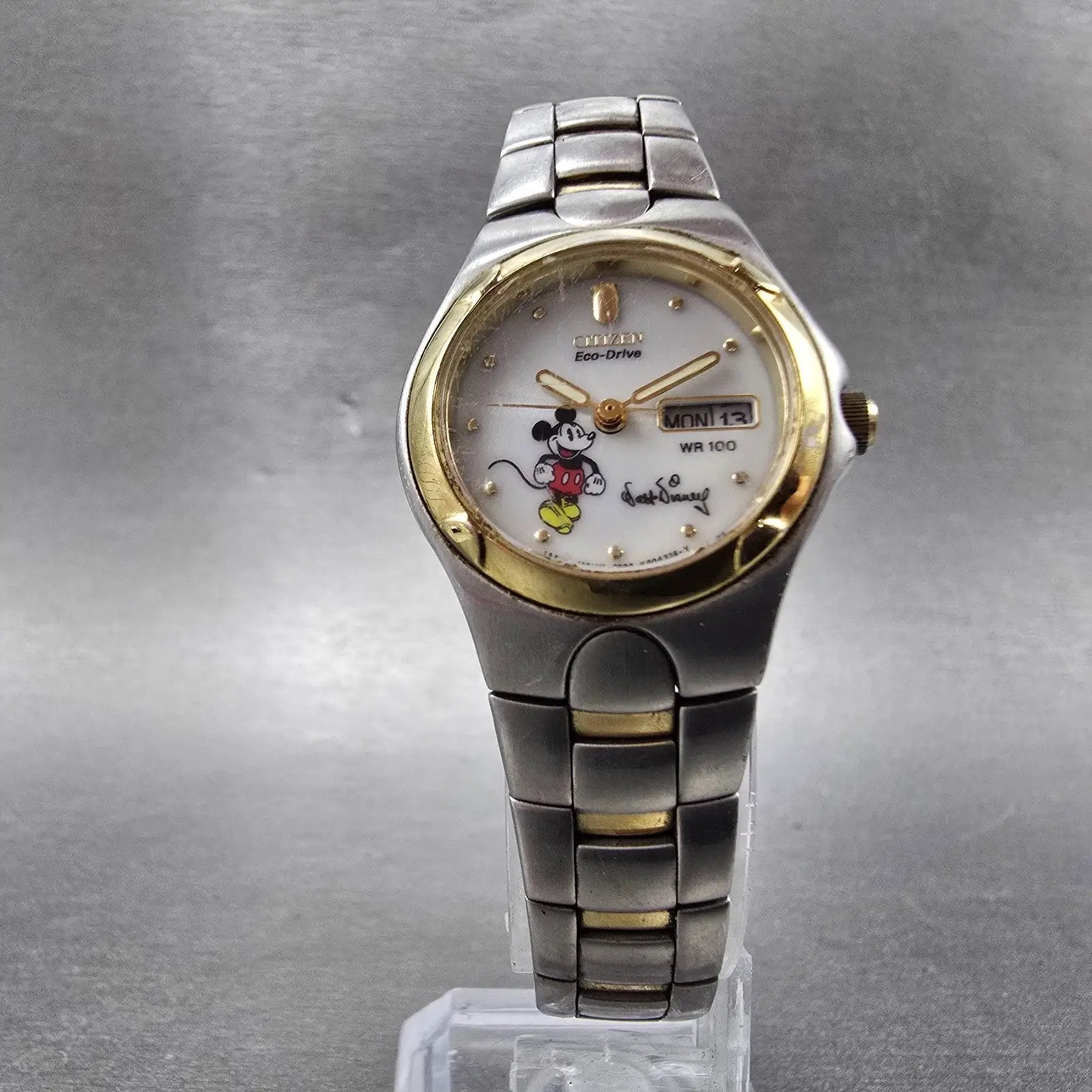 Citizen Eco-Drive Mickey Watch Women 25mm White Dial Two Tone Daydate Runs5