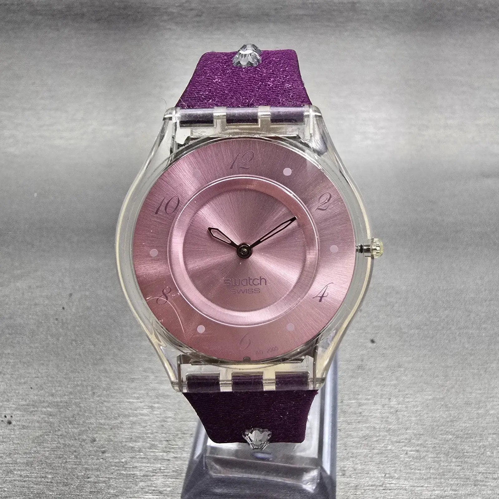 Swatch Skin FLOWER TRACK Watch Women Purple Dial Clear Case SFK278 New Battery0