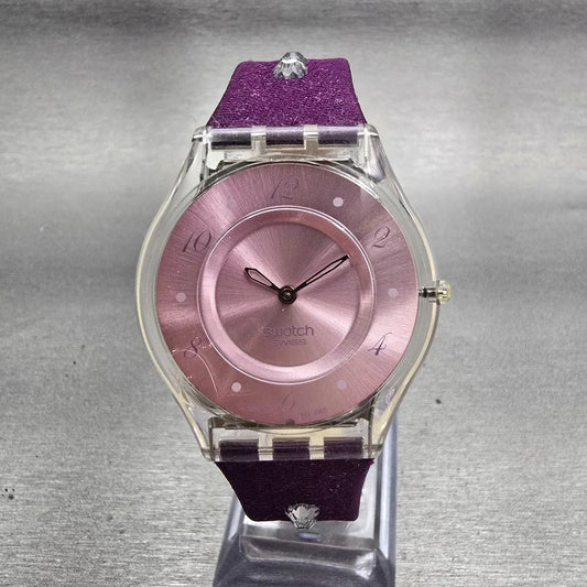 Swatch Skin FLOWER TRACK Watch Women Purple Dial Clear Case SFK278 New Battery0