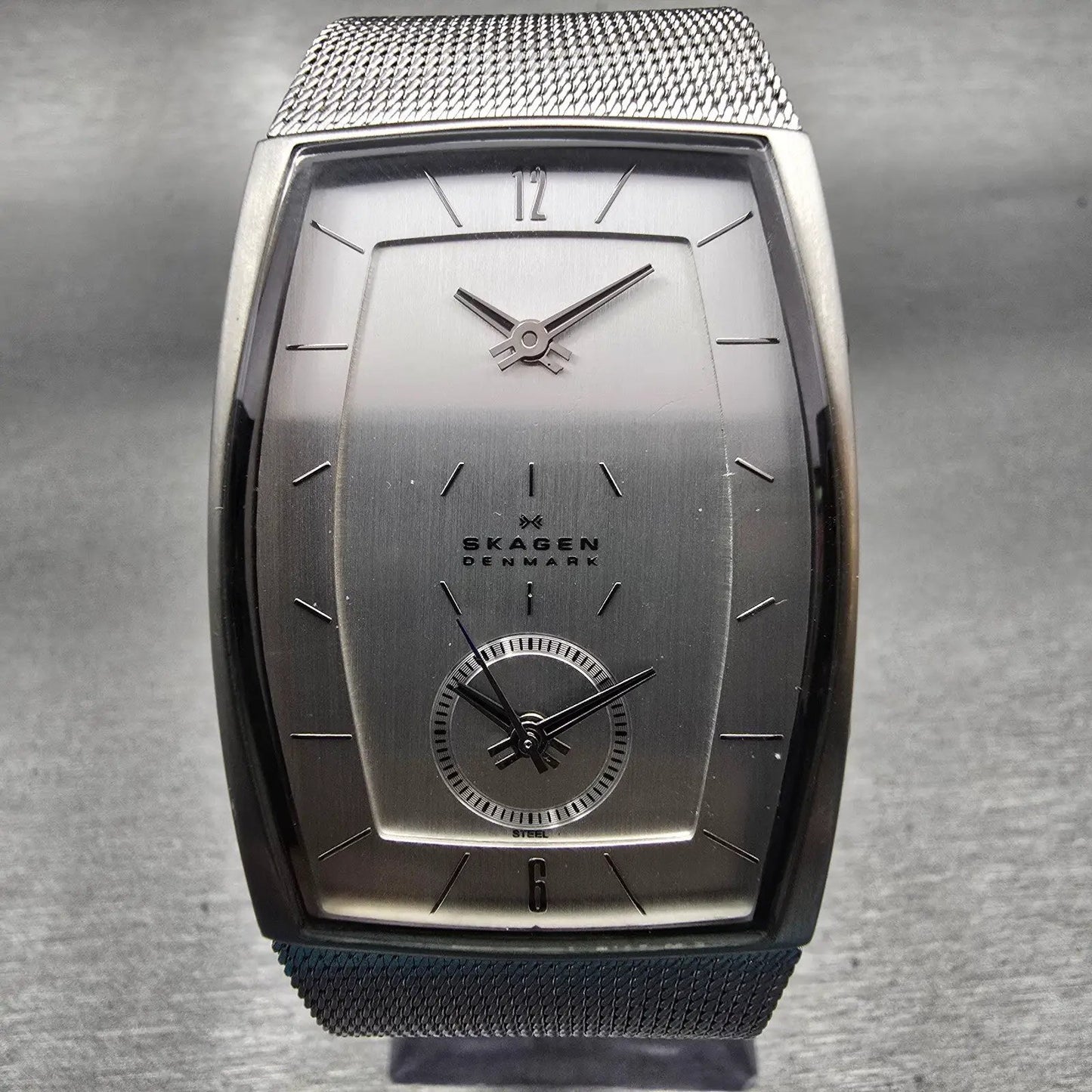 Skagen Dual Time Watch Men 30mm Silver Dial Silver Tone Rectangle 281LSS New Bat1