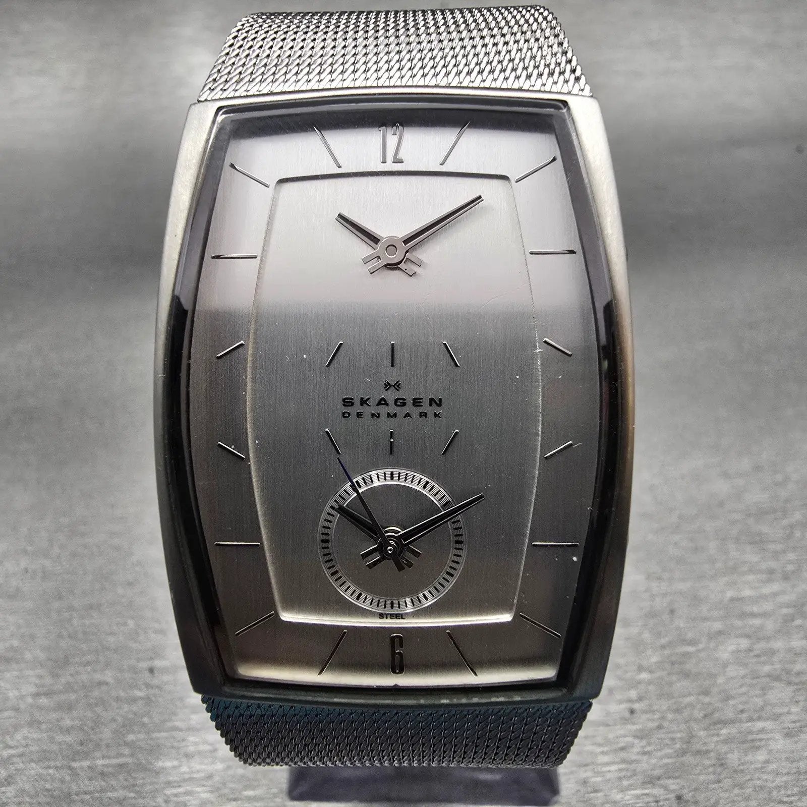 Skagen Dual Time Watch Men 30mm Silver Dial Silver Tone Rectangle 281LSS New Bat1