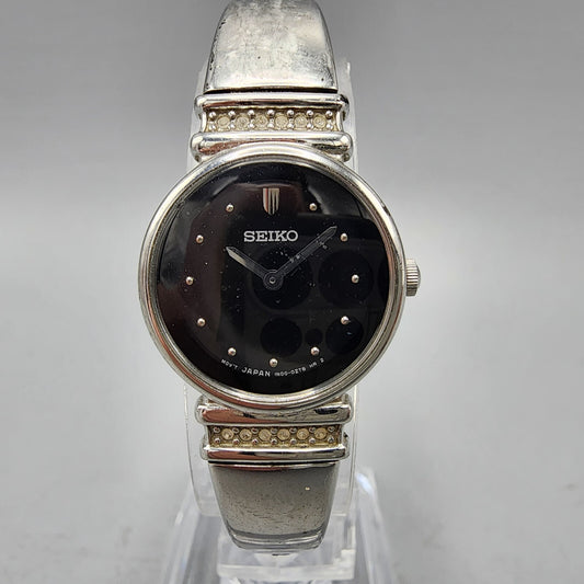 VTG Seiko Watch Women 21mm Black Dial Silver Tone Round 1N00-0SC0 New Battery