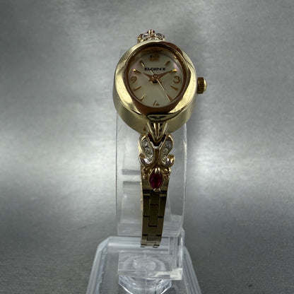 Elgin Watch Women 18mm MOP Dial Gold Tone Oval Ruby Diamond Bezel New Battery5