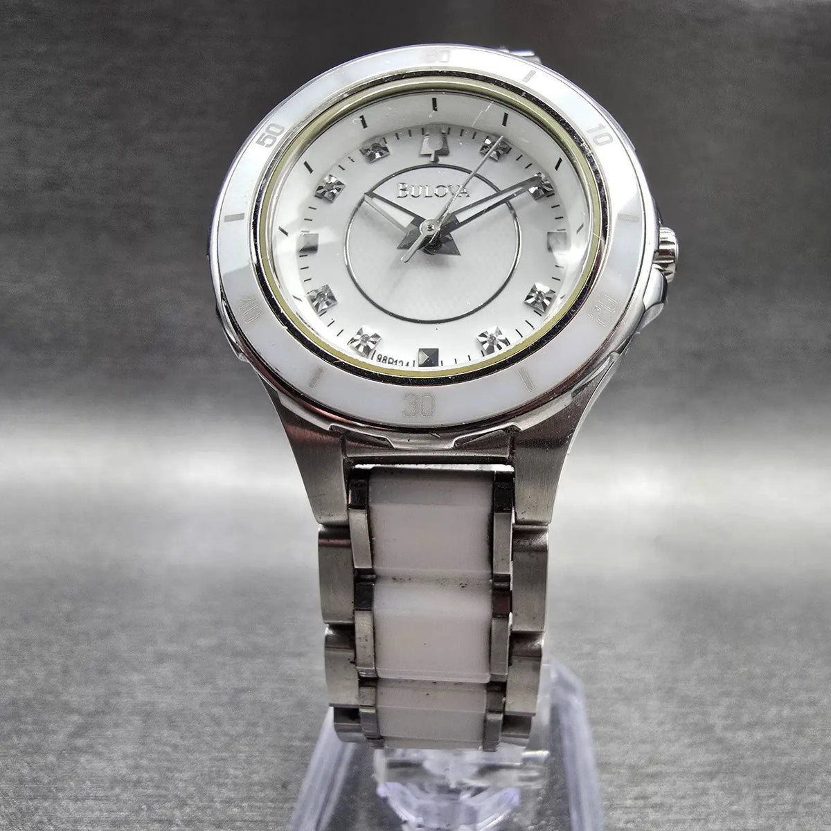 Bulova Diamond Watch Women 30mm White Dial Steel Ceramic Round 98P124 New Batt5