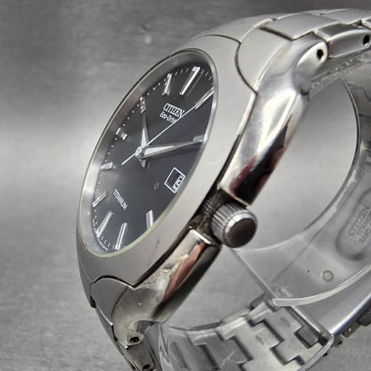 Citizen Eco-Drive Watch Men 38mm Black Dial Titanium Date E111-S049610 Runs GVHM2