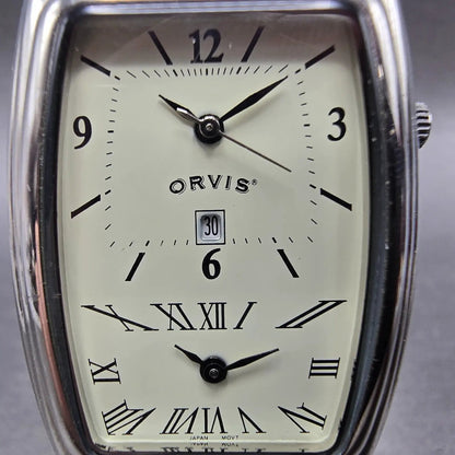 Orvis Dual Time Tank Watch Men 29mm Cream Dial Silver Tone Leather New Battery1
