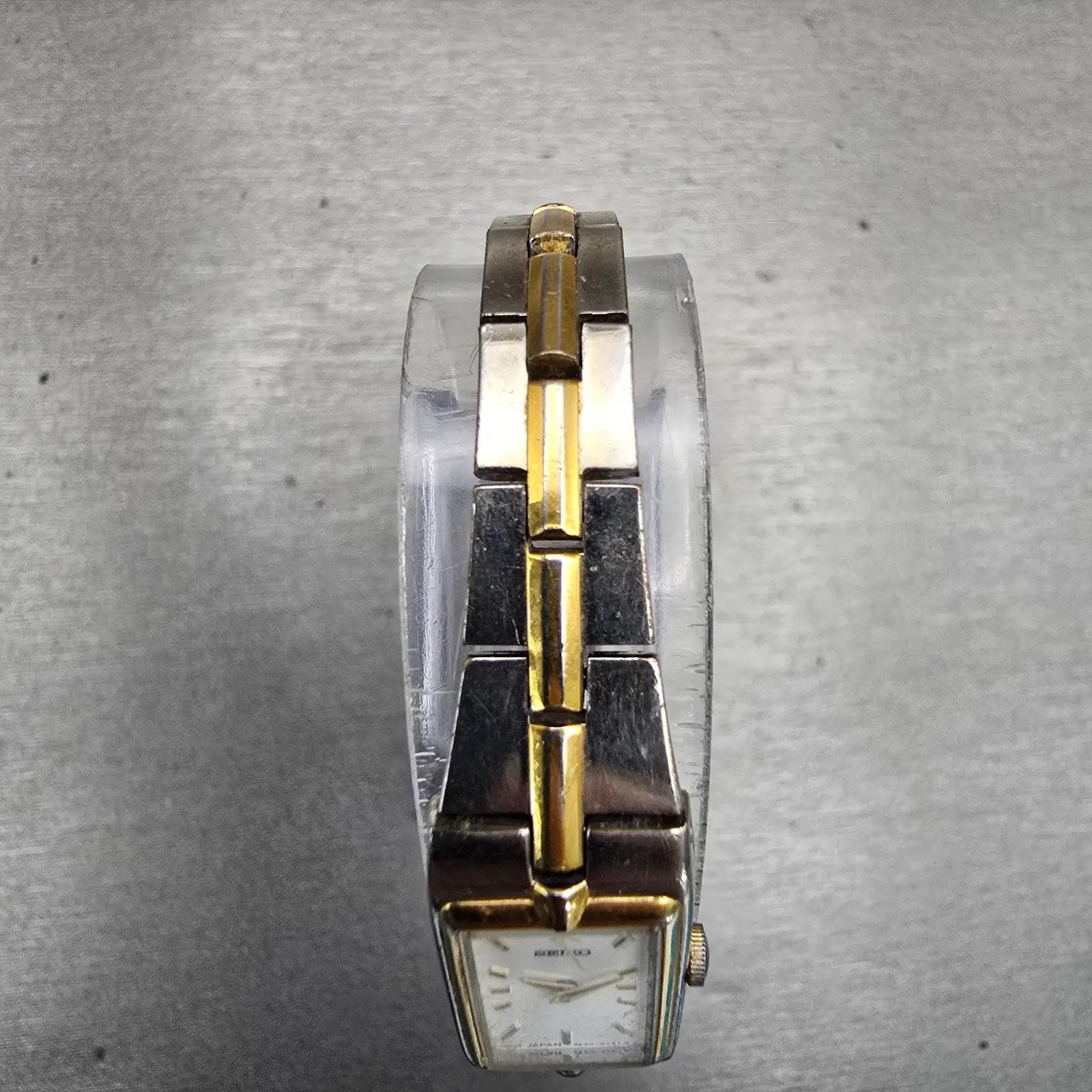 Seiko Watch Women 13mm White Dial Two Tone Rectangle 2E20-7479 New Battery VTG4