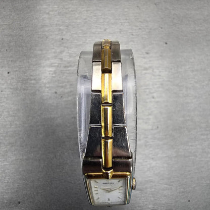 Seiko Watch Women 13mm White Dial Two Tone Rectangle 2E20-7479 New Battery VTG4