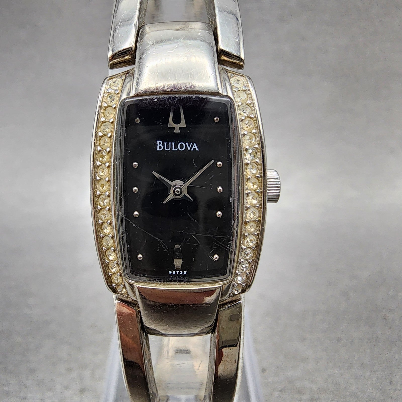 Bulova Tank Watch Women 17mm Black Dial Steel Rectangle Crystals 96T35 New Batt0