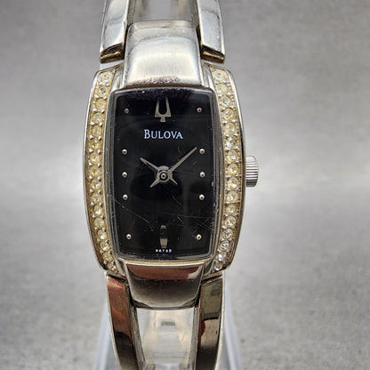 Bulova Tank Watch Women 17mm Black Dial Steel Rectangle Crystals 96T35 New Batt0
