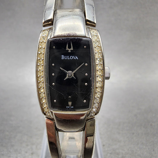 Bulova Tank Watch Women 17mm Black Dial Steel Rectangle Crystals 96T35 New Batt0