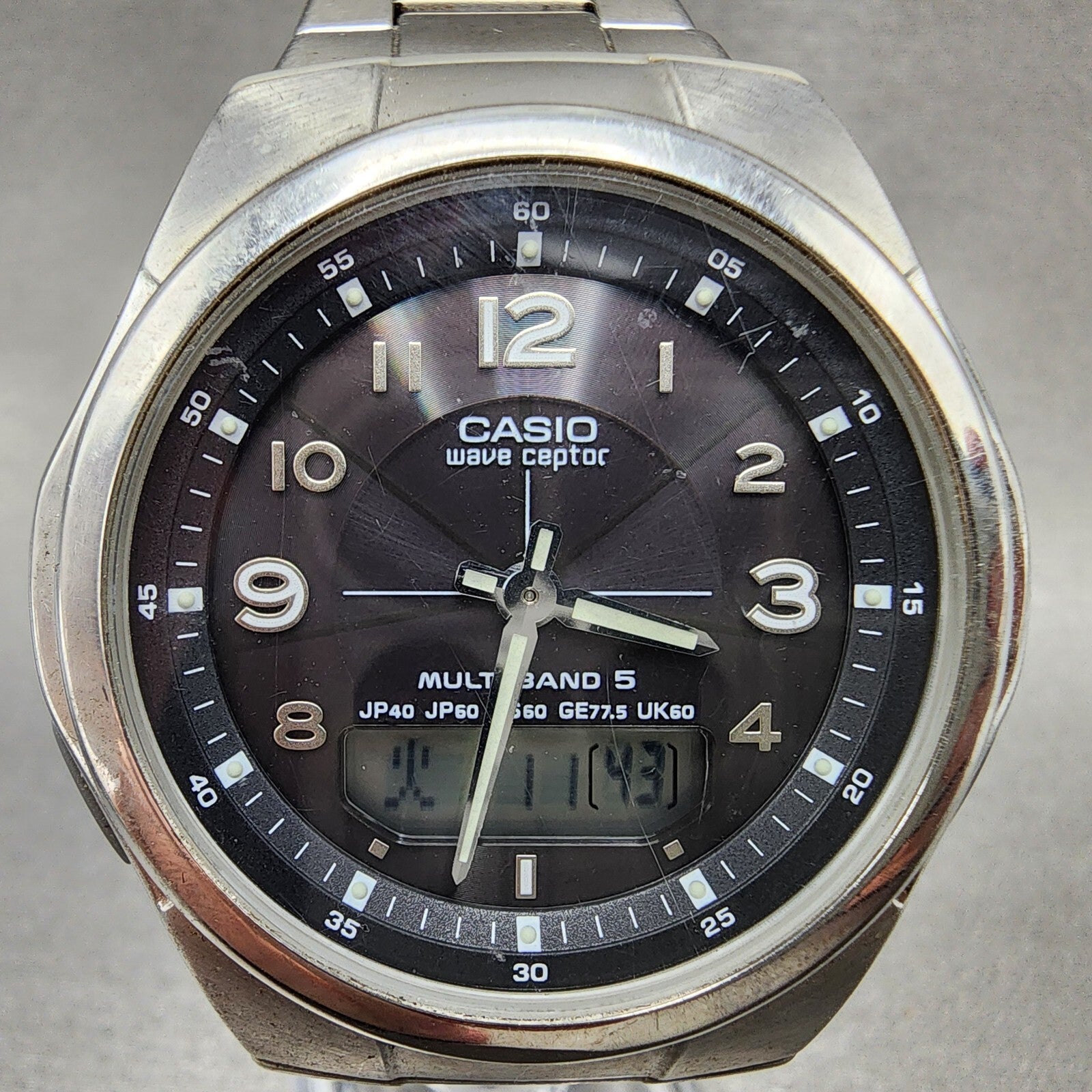 Casio Wave Ceptor Watch Men 41mm Black Dial Steel Analog Digital Solar Runs1