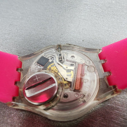 Swatch Candy Pleasure Watch Women 25mm Pink Dial Clear Case Round New Battery8