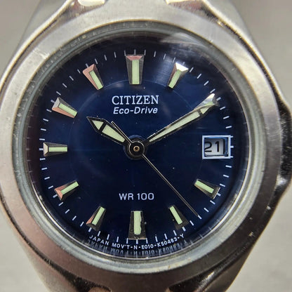 Citizen Eco-Drive Watch Women 27mm Blue Dial Silver Tone Date E010-K16393 Runs H1