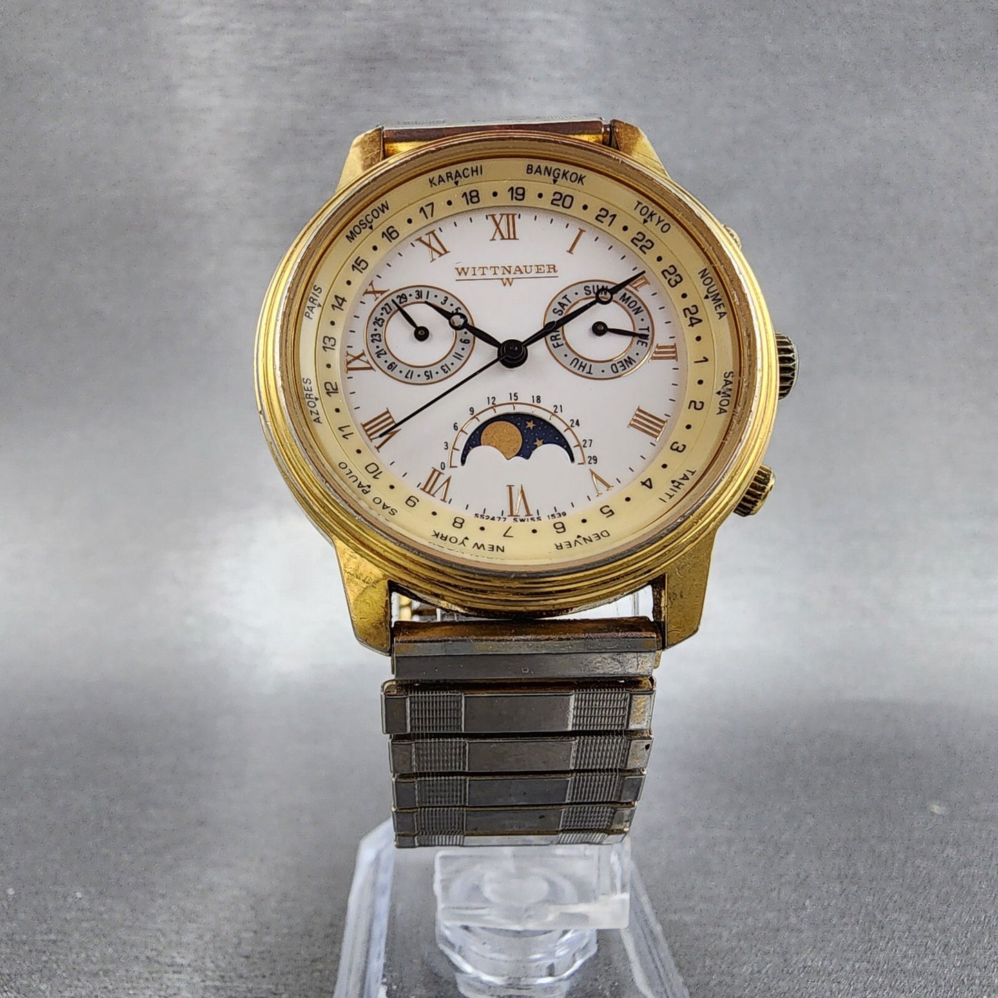 Wittnauer Moonphase Watch Men 37mm White Dial Gold Tone Daydate Round New Batt5