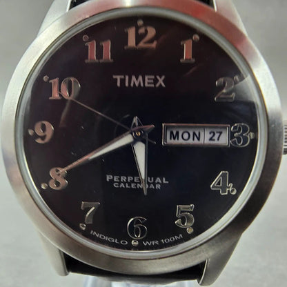 Timex Perpetual Calendar Watch Men 37mm Black Dial Silver Tone Daydate New Batt4