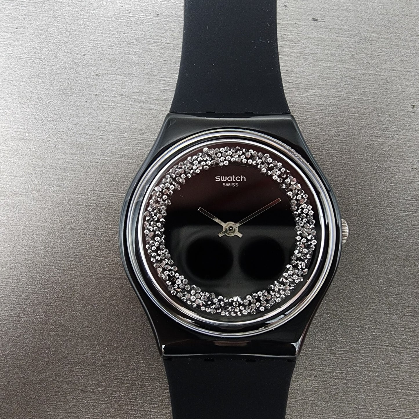 Swatch Sparkle Night Watch Women 34mm Black Dial Black Tone Round READ! New Batt0