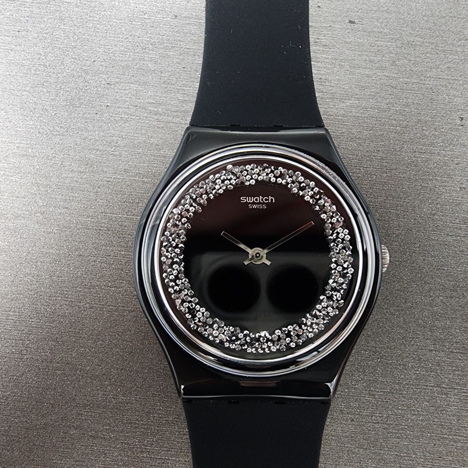 Swatch Sparkle Night Watch Women 34mm Black Dial Black Tone Round READ! New Batt0