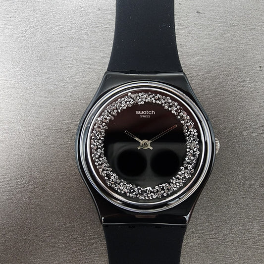 Swatch Sparkle Night Watch Women 34mm Black Dial Black Tone Round READ! New Batt0