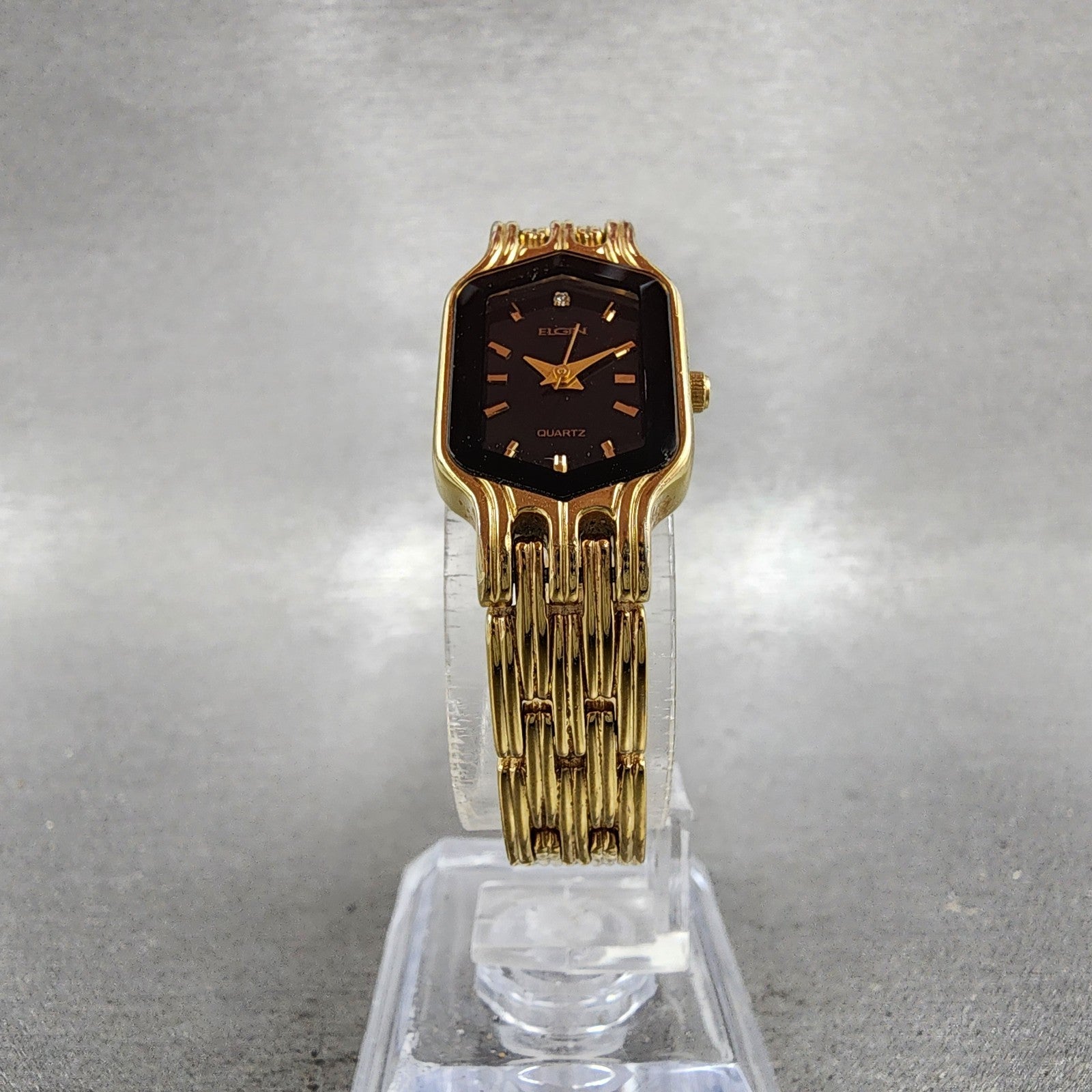 Elgin Watch Women 17mm Black Dial Gold Tone Hexagon EL394 New Battery5