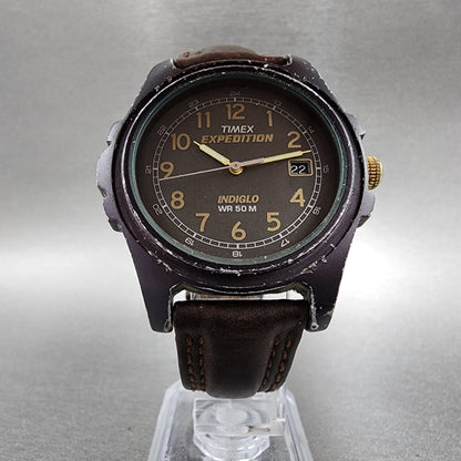 Timex Expedition Watch men 37mm Green Dial Brown Tone Date Round New Battery5