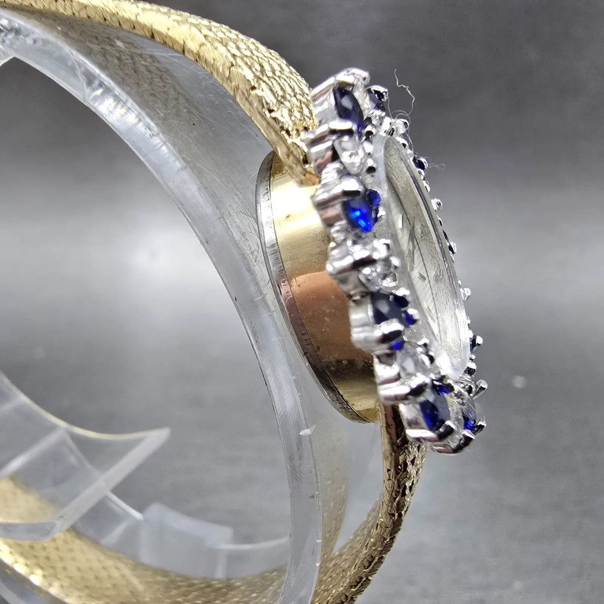 Nicolet Watch Women16mm White Dial Gold Tone Blue Sapphire Oval Mesh Band PARTS3