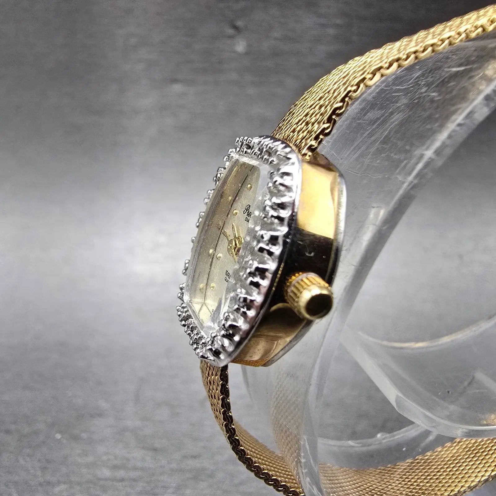 Gruen Precision Watch Women 17mm Champagne Dial Gold Tone Diamond Bezel NewBatt3