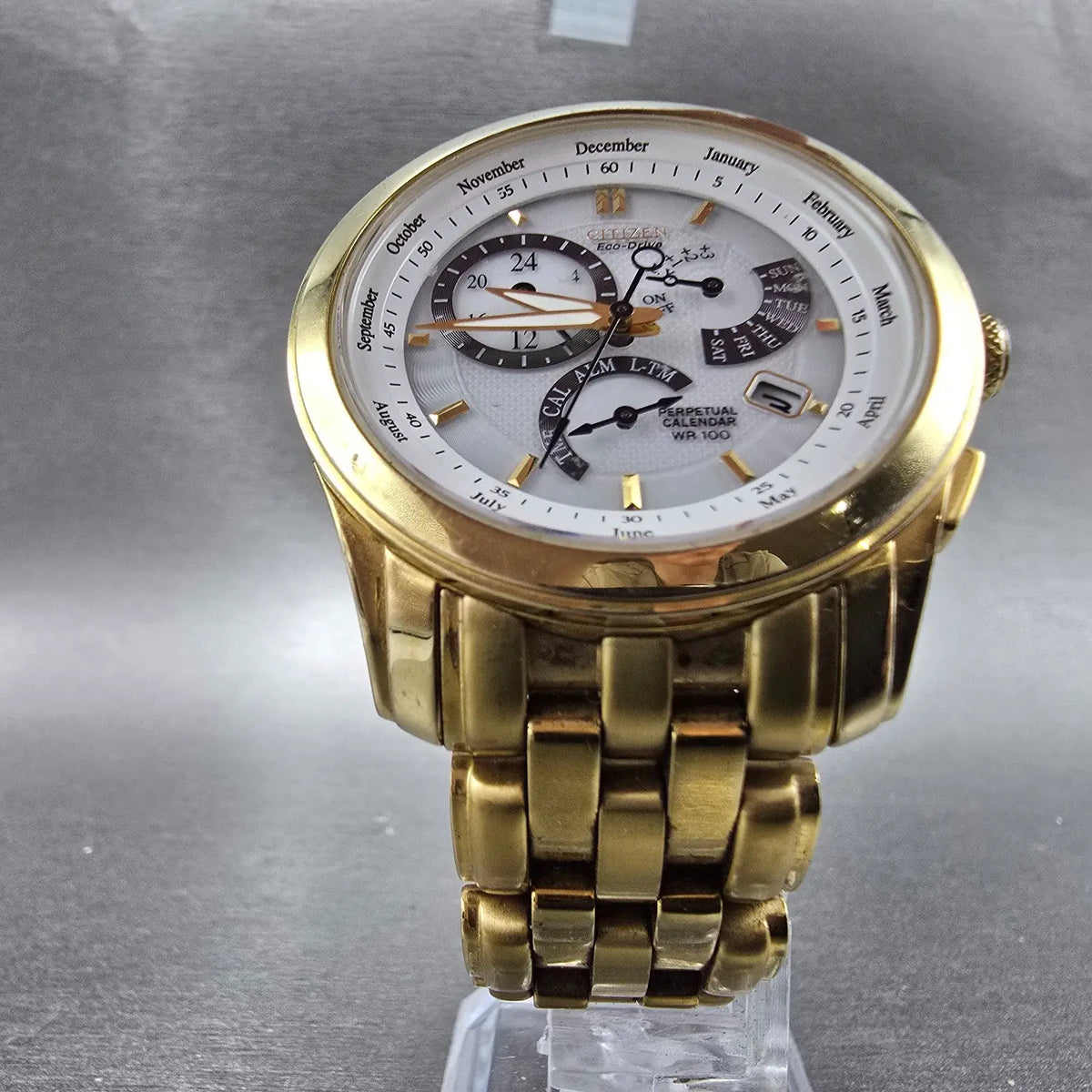 Citizen Eco-Drive Perpetual Calendar Watch Men 39mm White Dial Gold Alarm Runs5