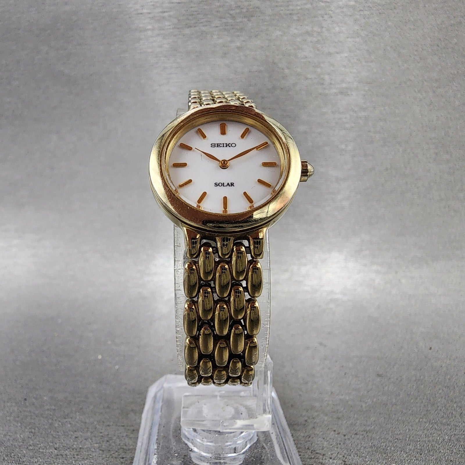 Seiko Solar Watch Women 24mm White Dial Gold Tone Round V1140AE0 Runs5