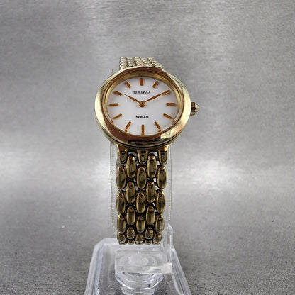 Seiko Solar Watch Women 24mm White Dial Gold Tone Round V1140AE0 Runs5