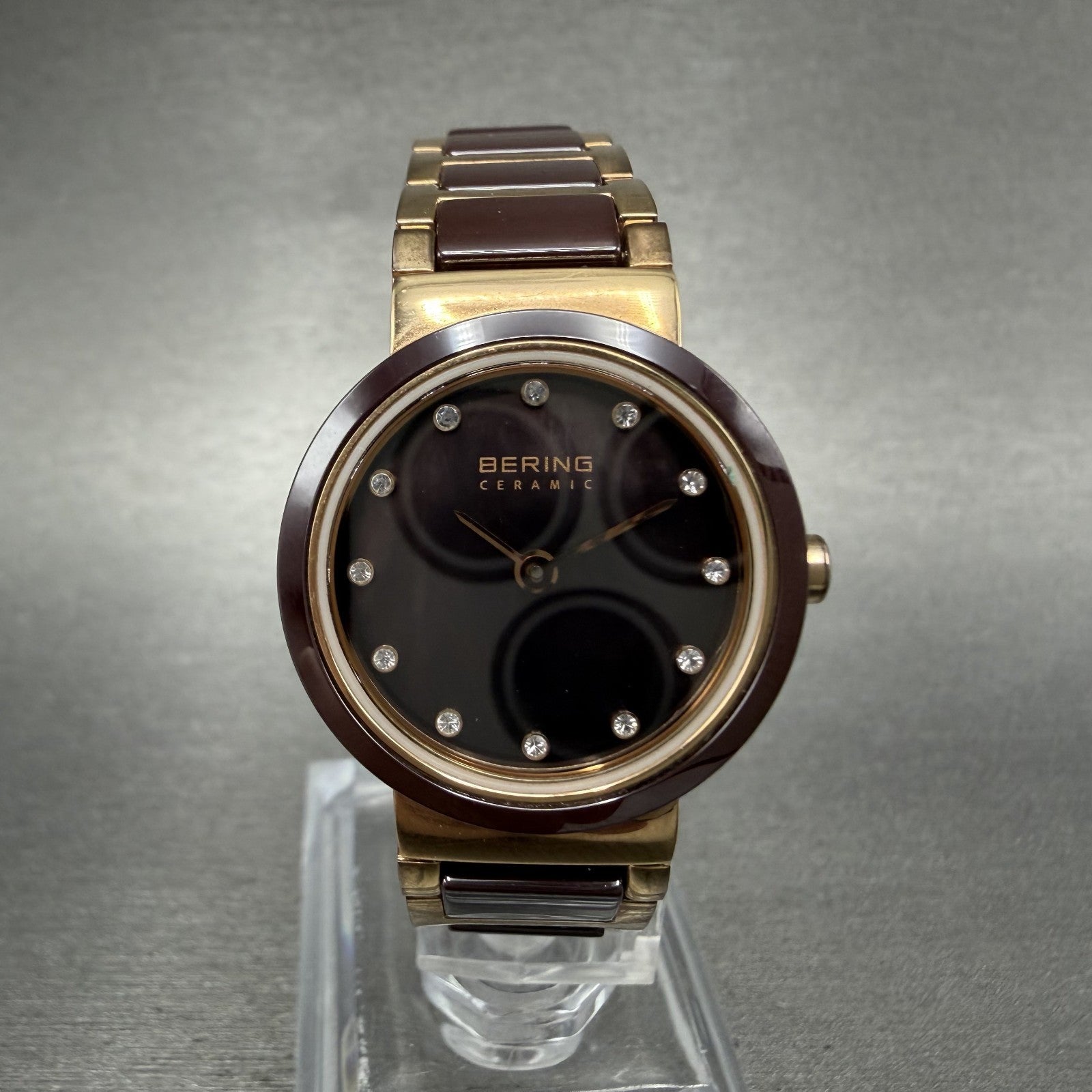 Bering Ceramic Watch Women 25mm Brown MOP Dial Rose Gold Tone Round New Battery0