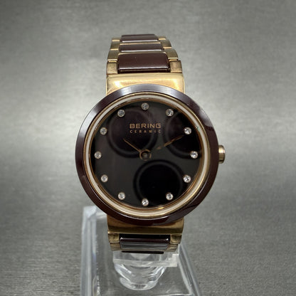 Bering Ceramic Watch Women 25mm Brown MOP Dial Rose Gold Tone Round New Battery0