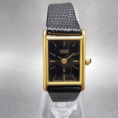 Citizen CQ Tank Watch Women 17mm Black Dial Gold Tone Rectangle New Battery0