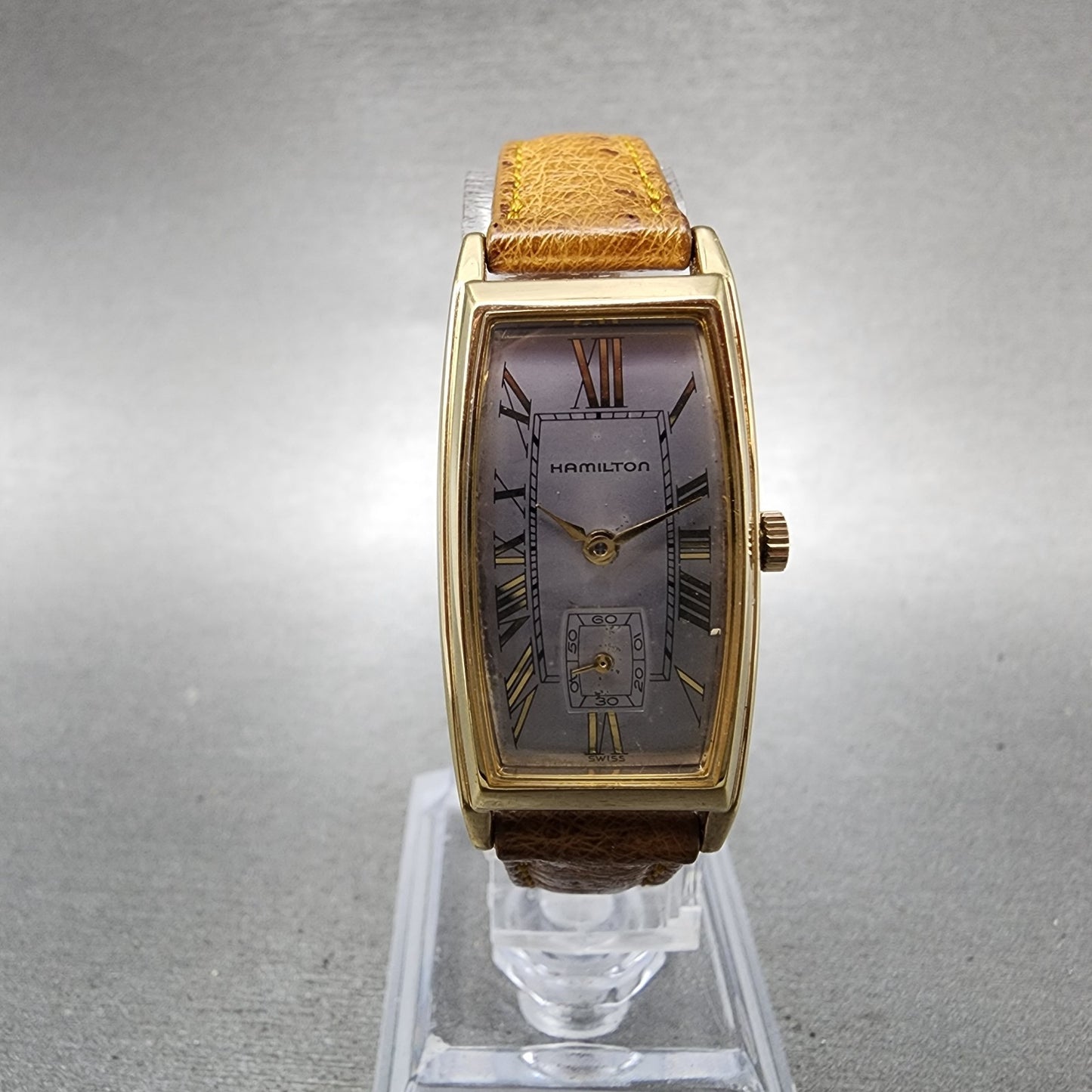 Hamilton Tank Watch Women 18mm Gray Dial Gold Tone Rectangle New Battery0