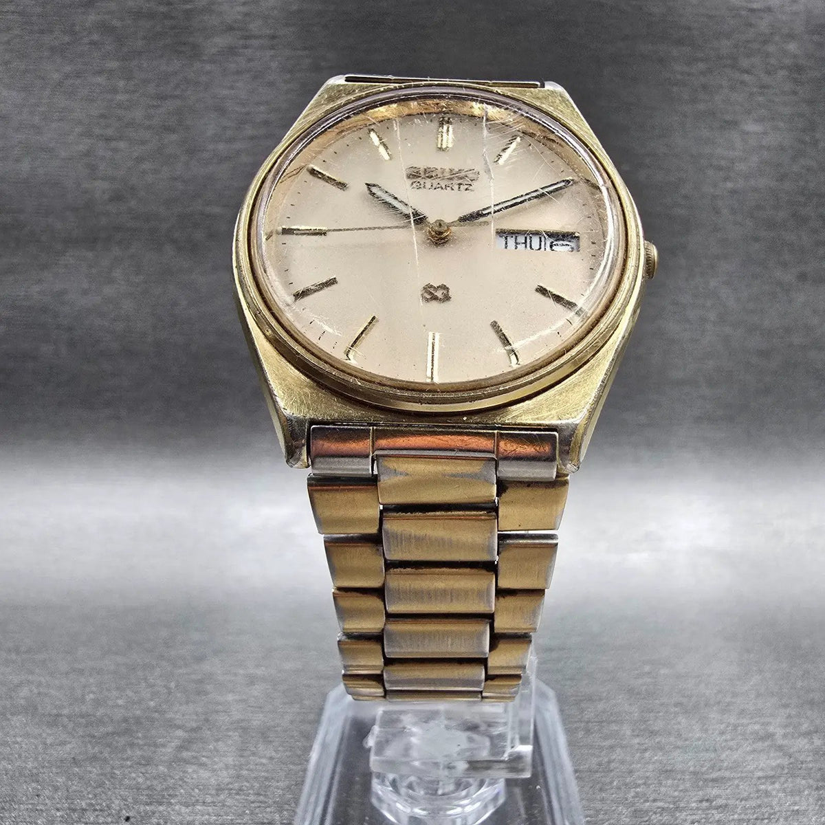 Seiko SQ Watch Men 34mm Ivory Dial Gold Tone Daydate Round 8123-7239 New Battery5