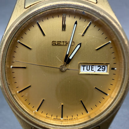 Seiko Watch Men 37mm Champagne Dial Gold Tone Daydate Round 7N43-9048 PARTS VTG2