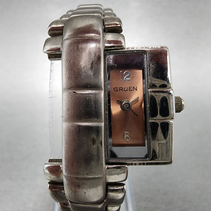 Gruen Hideaway Watch Women 16mm Pink Dial Silver Tone Rectangle GR7302 New Batt1