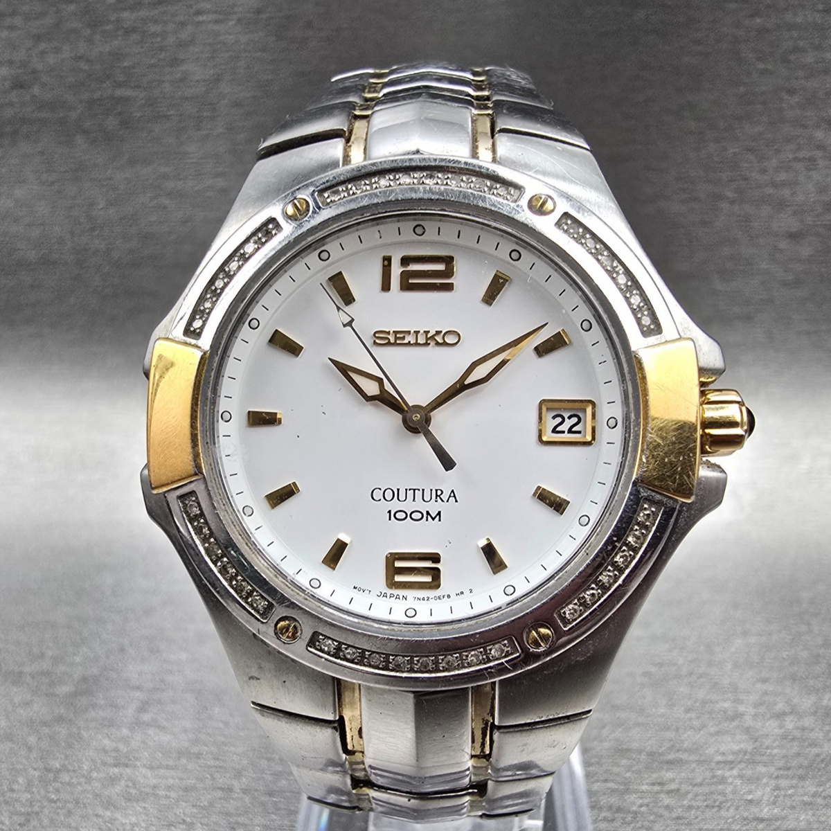 Seiko Coutura Watch Men 39mm White Dial Two Tone Date Gemmed 7N42-0DK0 New Batt0