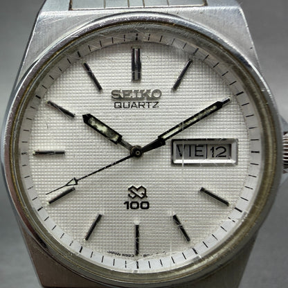 Seiko SQ 100 Watch Men 34mm White Dial Silver Tone READ Daydate 6923-8019 NewBat1