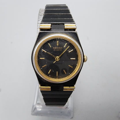 Vintage Seiko Watch Women Black Gold Tone Round 20mm 7321-0249 New Battery