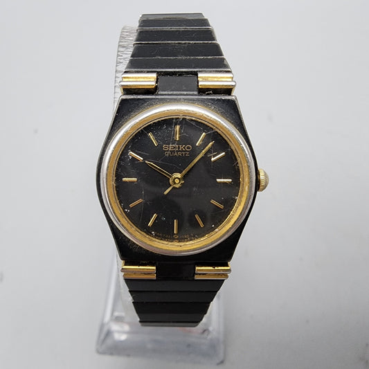 Vintage Seiko Watch Women Black Gold Tone Round 20mm 7321-0249 New Battery