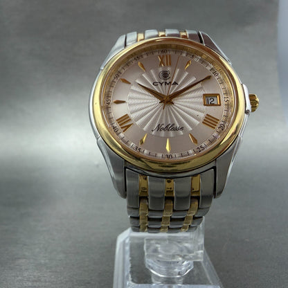 Cyma Noblesse Watch Men 37mm White Dial Two Tone Date Round 521 New Battery5