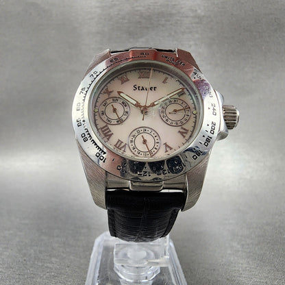 Stauer Monaco Watch Women 35mm MOP Dial Steel Daydate Round 15458 New Battery