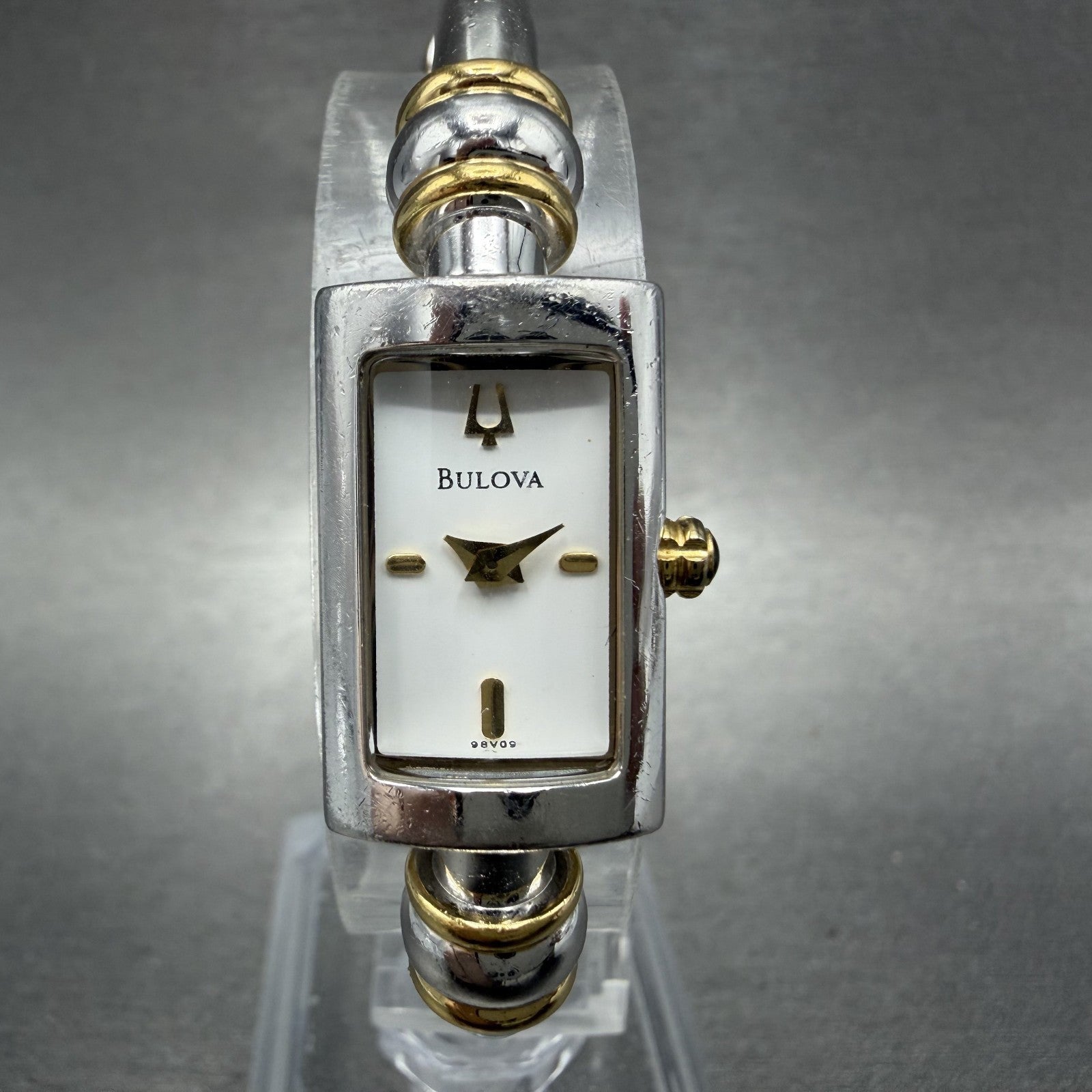 Bulova Tank Watch Women 14mm White Dial Two Tone Bangle 98V09 New Battery0