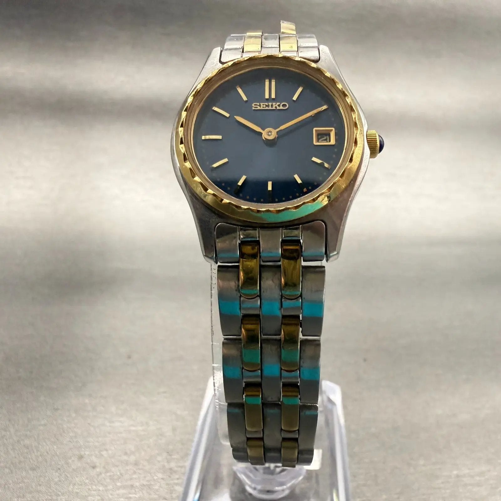 Seiko Watch Women 25mm Blue Dial Two Tone Date Round V789-0340 New Battery VTG5